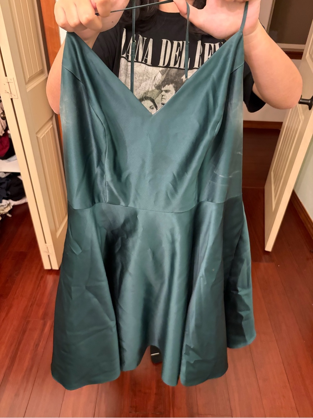 Emerald Satin V-Neck Spaghetti Strap Skater Dress
